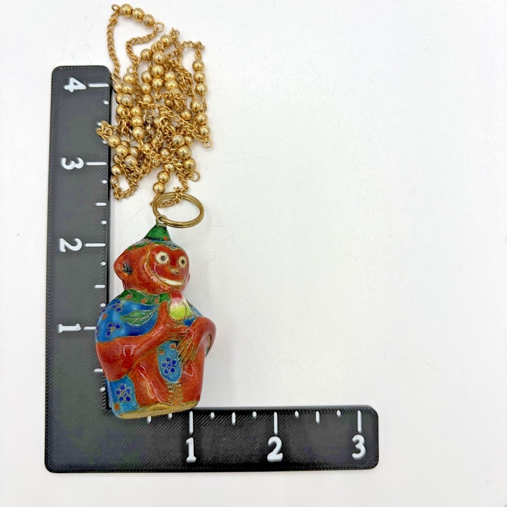 Vintage Les Bernard Cloisonne Enamel Monkey Peach Pendant Necklace Gold Tone - Picture 7 of 7